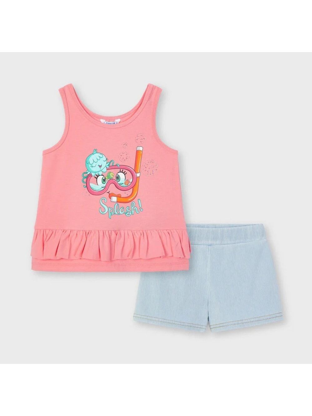 Size 2 Mayoral Pink Ruffle Tank Top and Light Blue Shorts Set